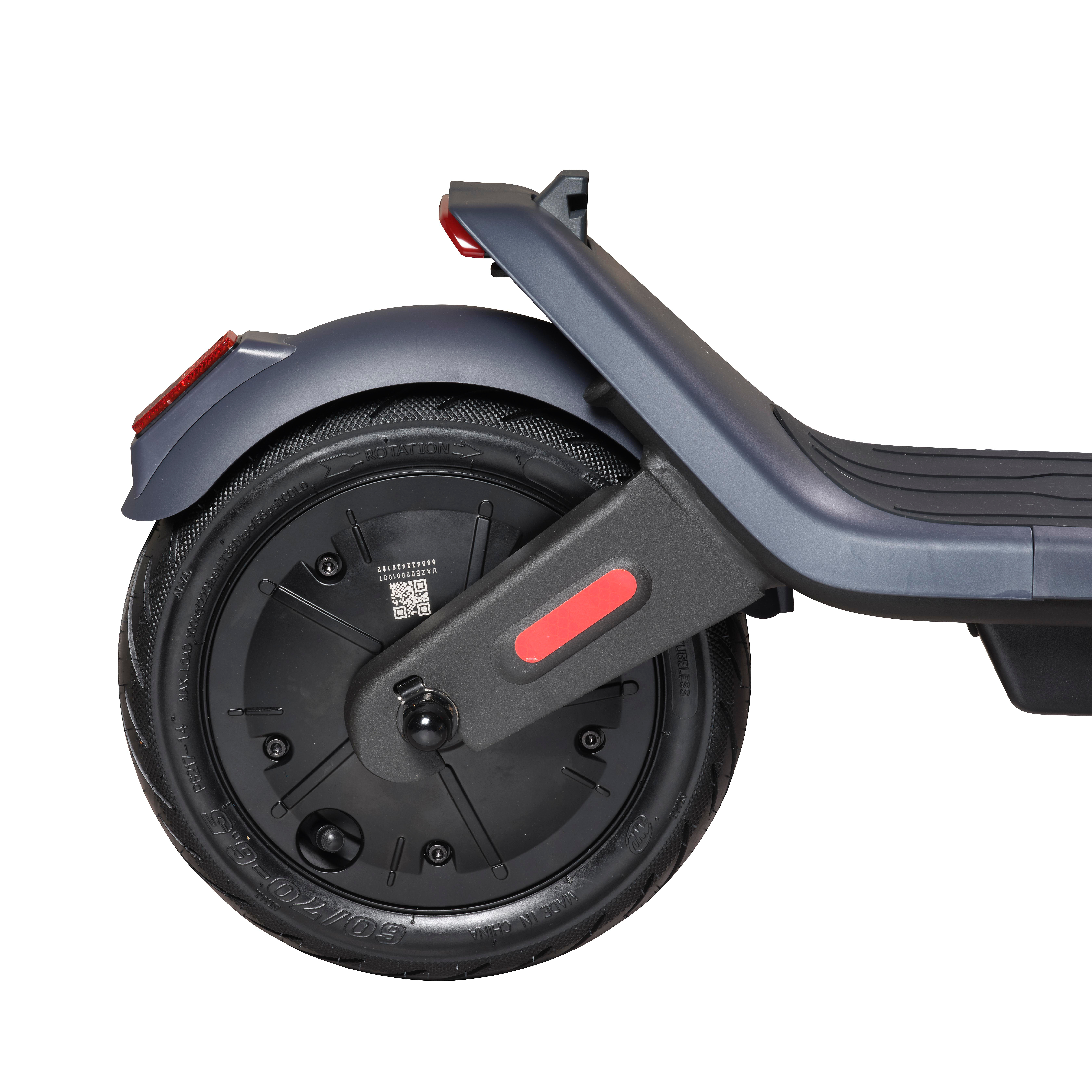 Rollerradbaugruppe mit schwarzem Reifen, rotem Licht und dunkelgrauem Gehäuse.