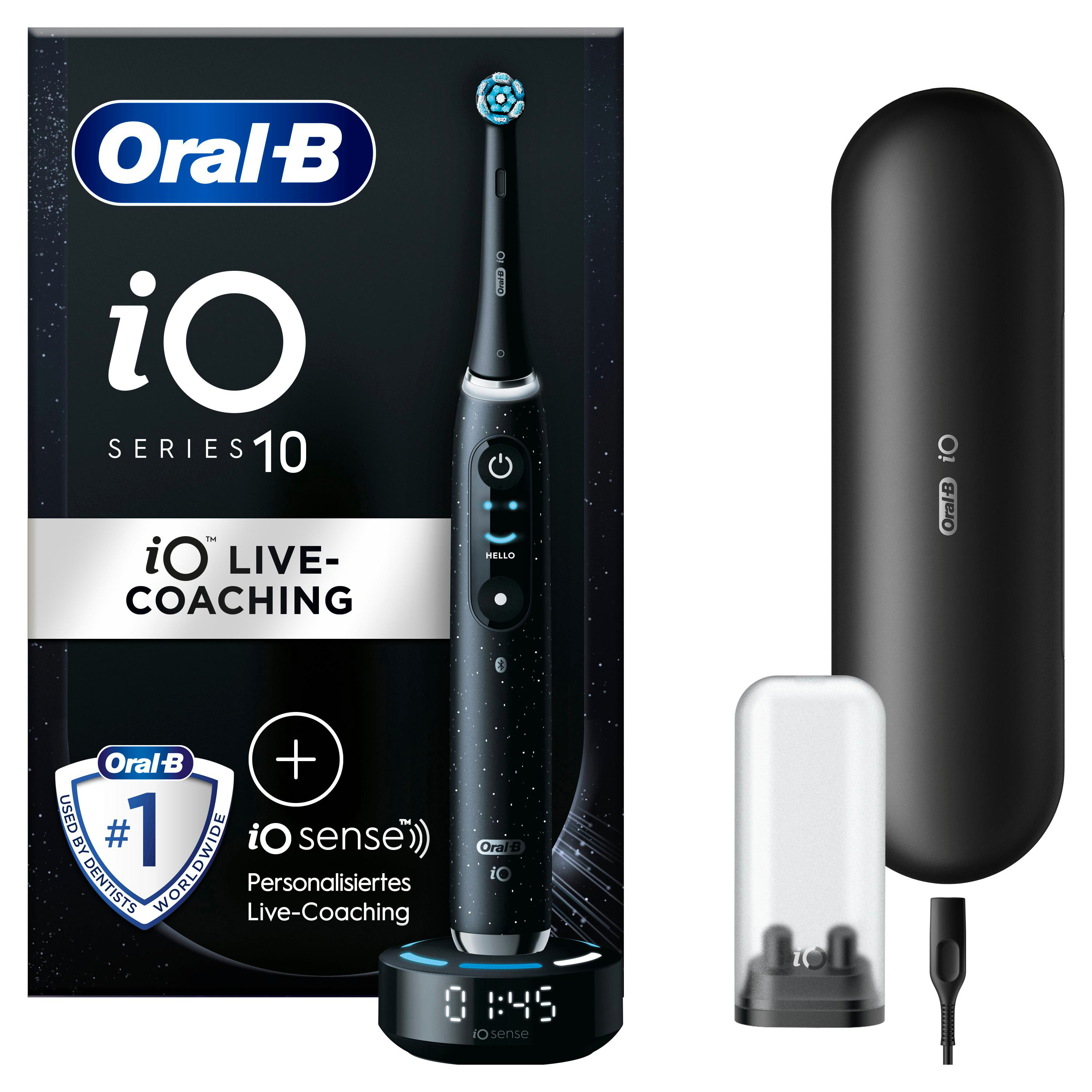 Schwarze elektrische Zahnbürste Oral-B iO Series 10, Ladestation und Reiseetui, mit Verpackung.