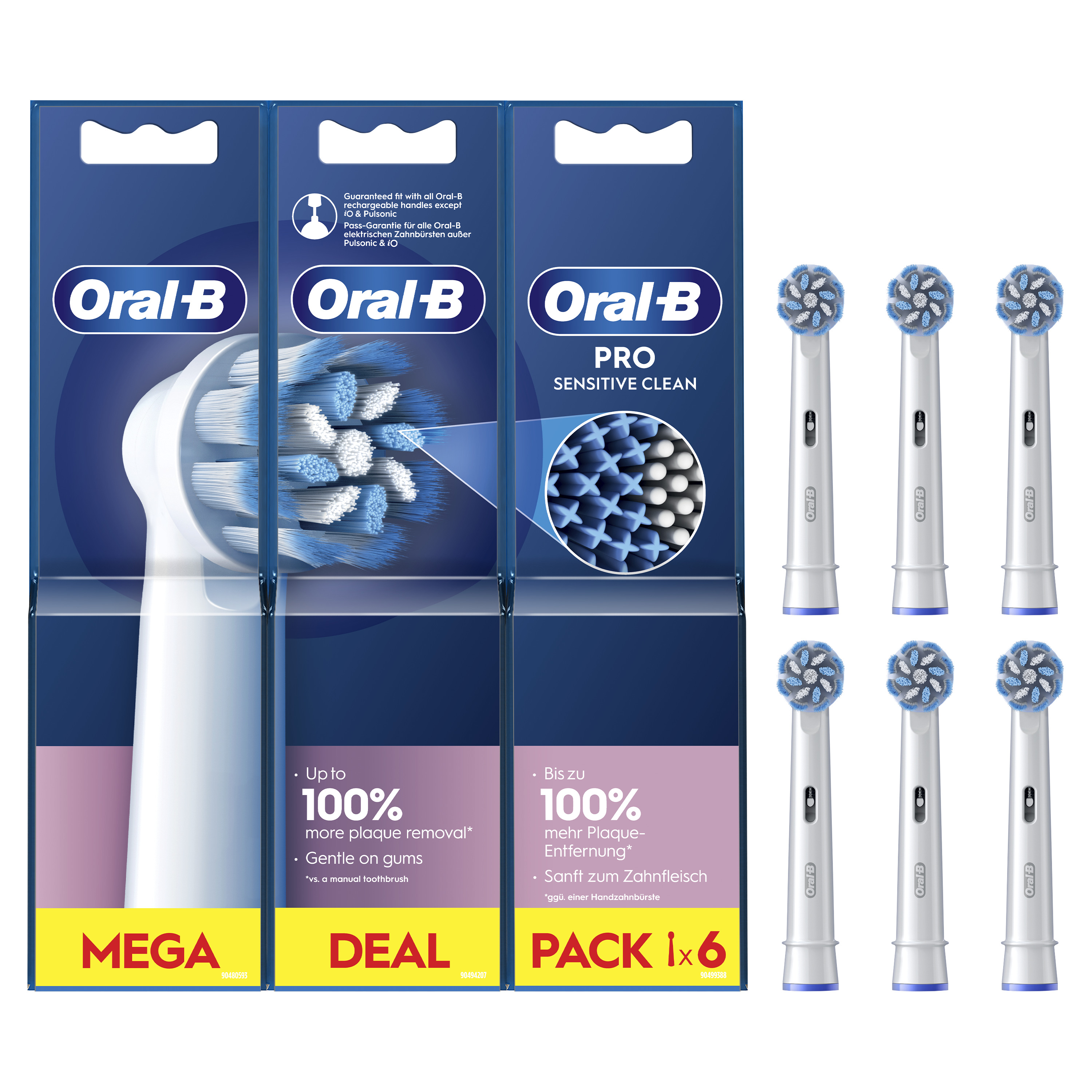Ambalajında Oral-B diş fırçası başlıkları, MEGA DEAL ve PRO SENSITIVE CLEAN etiketleri ile.