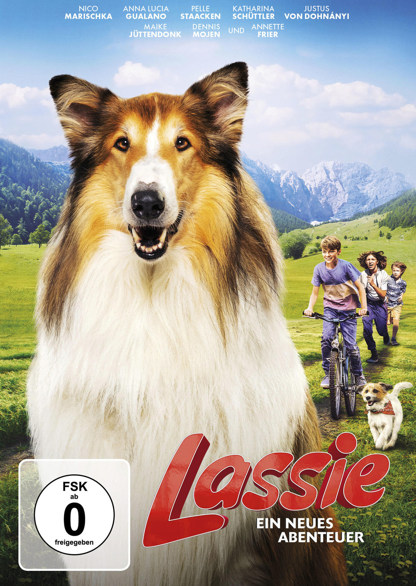 Filmposter von Lassie mit einem Jungen auf dem Fahrrad, zwei anderen Kindern und Bergen im Hintergrund.