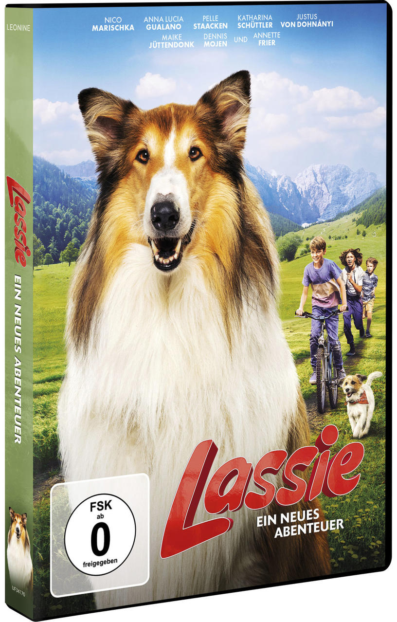 DVD-Hülle des Films 'Lassie: Ein neues Abenteuer' mit einem Hund und Kindern in einer Berglandschaft.