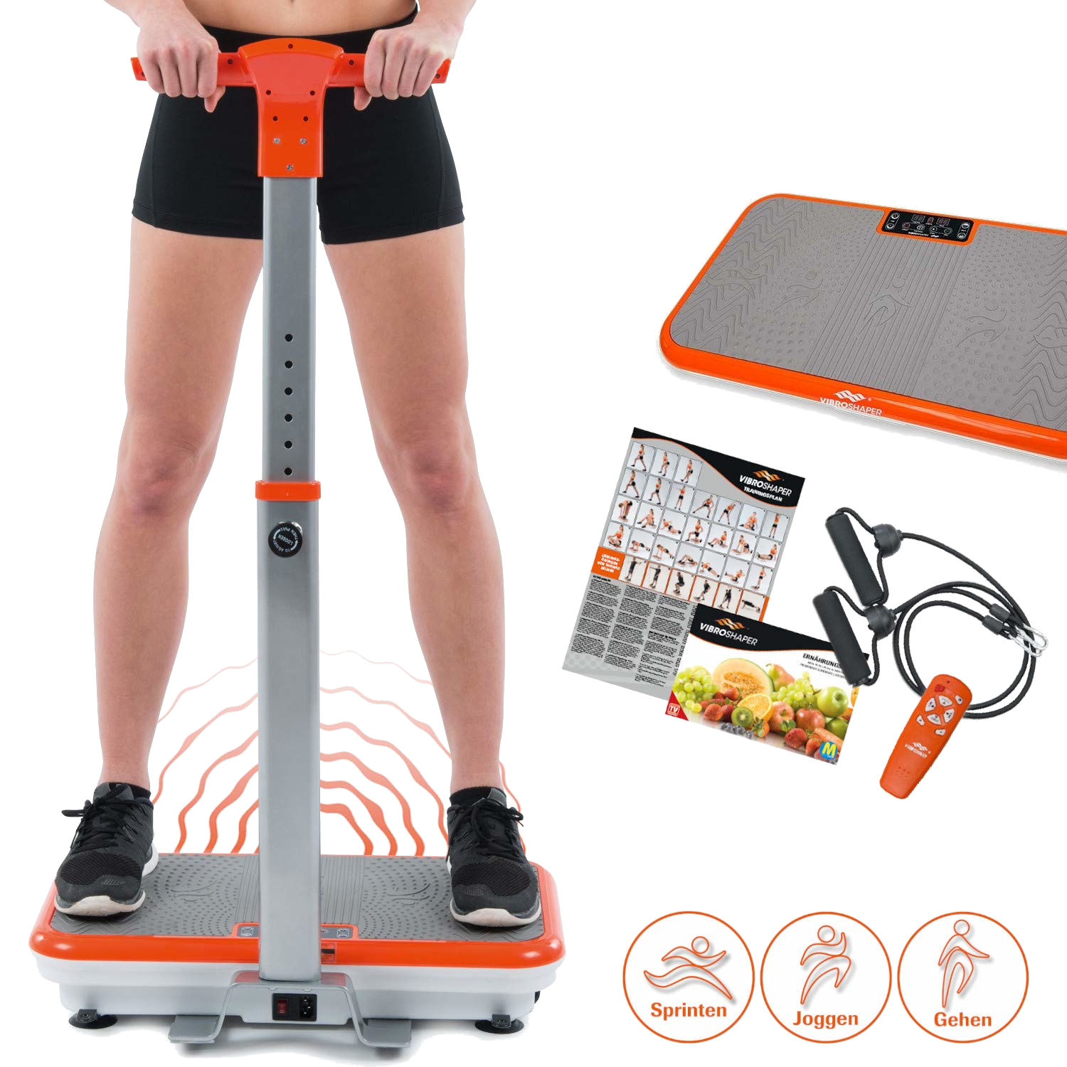 Person benutzt Vibrationsplatte mit Zubehör und Symbolen.