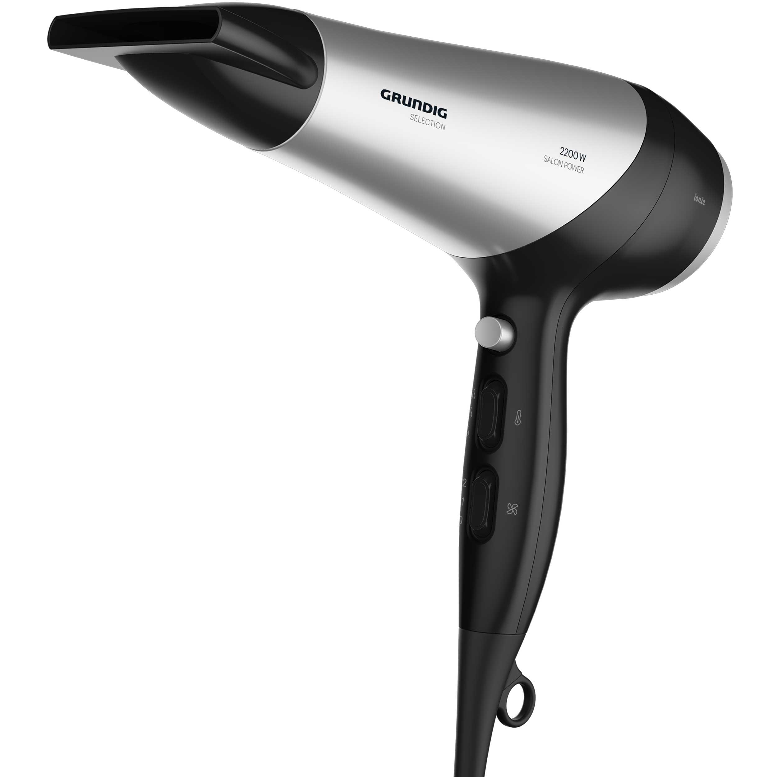 Ein schwarz-silberner Grundig-Haartrockner mit langem Griff.