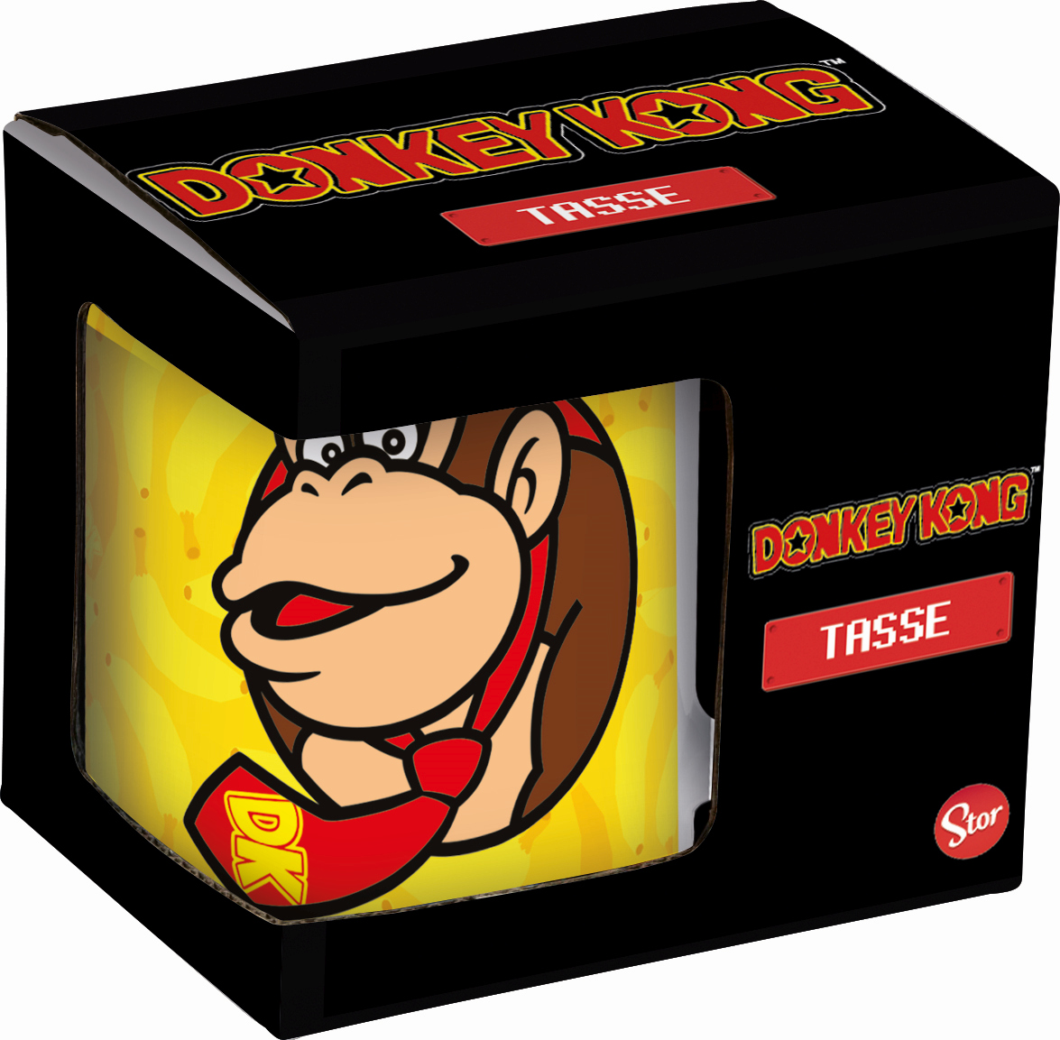 Donkey Kong Tasse in einer Box. Die Tasse zeigt Donkey Kongs Gesicht. Die Box ist schwarz mit roten Akzenten.