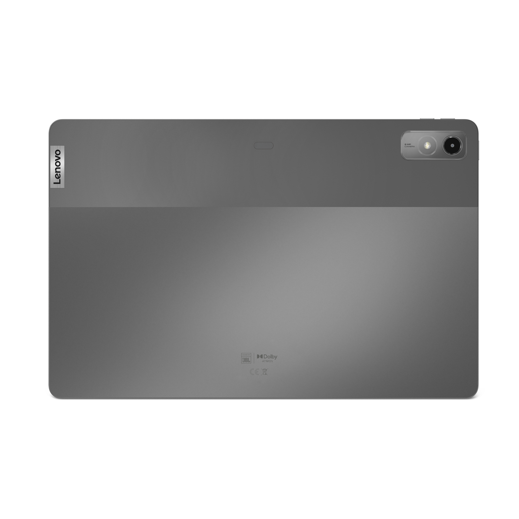 Parte trasera de una tableta Lenovo gris oscuro. Tiene una cámara de doble lente y un logotipo de Lenovo.