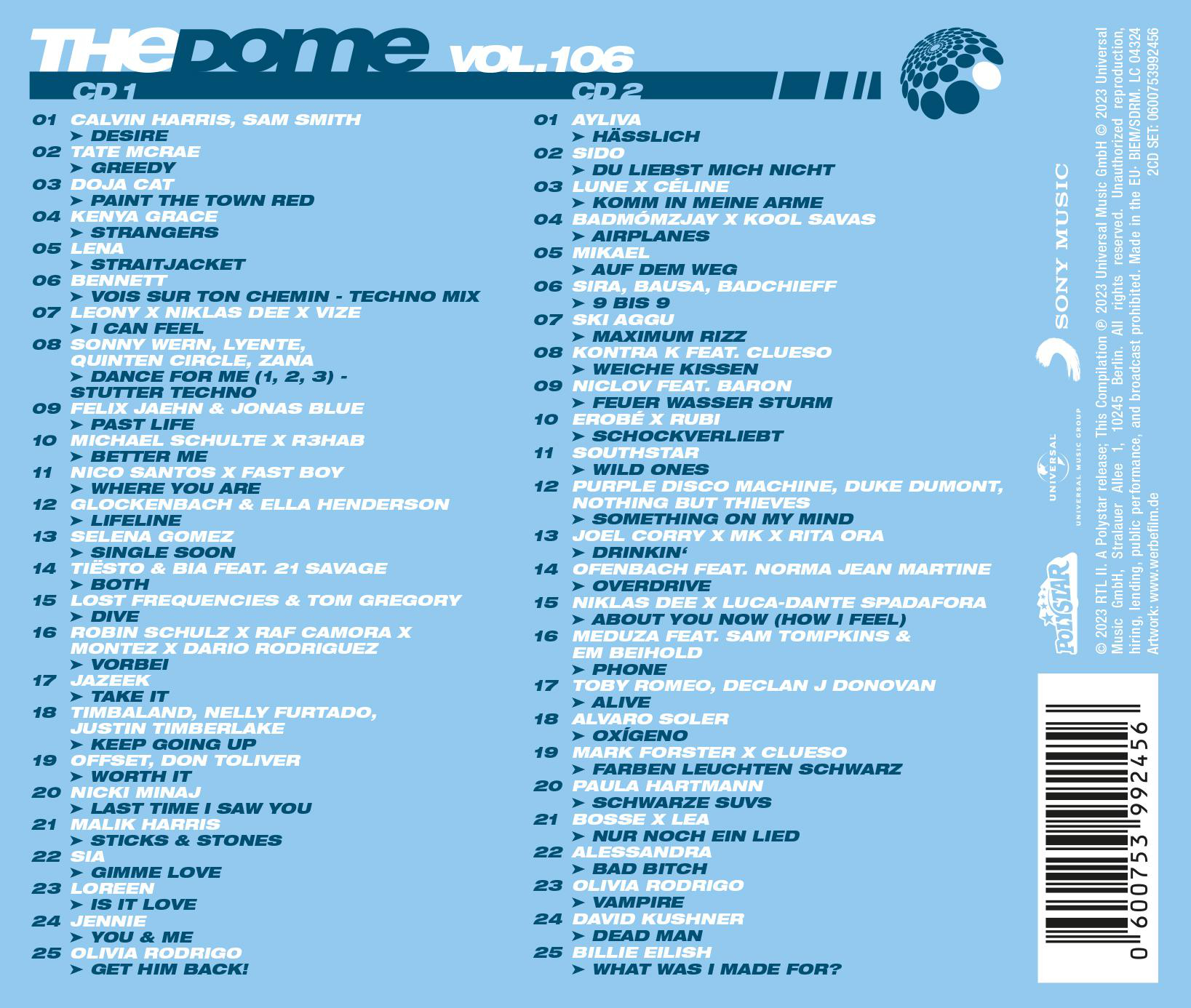 CD-Hülle einer Musikkompilation. Titelliste mit verschiedenen Musikgenres.