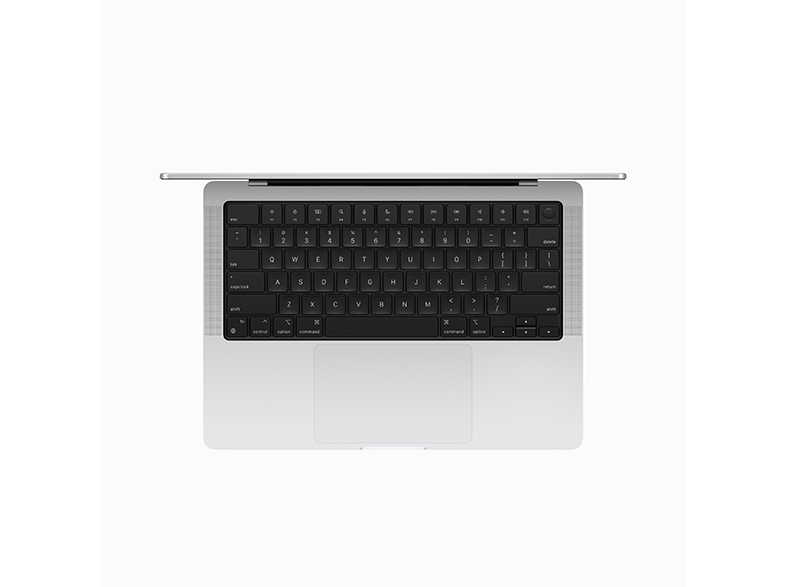 Laptop, felülnézet, nyitva. Fekete billentyűzet, ezüst keret.