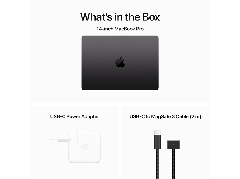 Mi van a dobozban: laptop, hálózati adapter és egy USB-C-MagSafe 3 kábel.