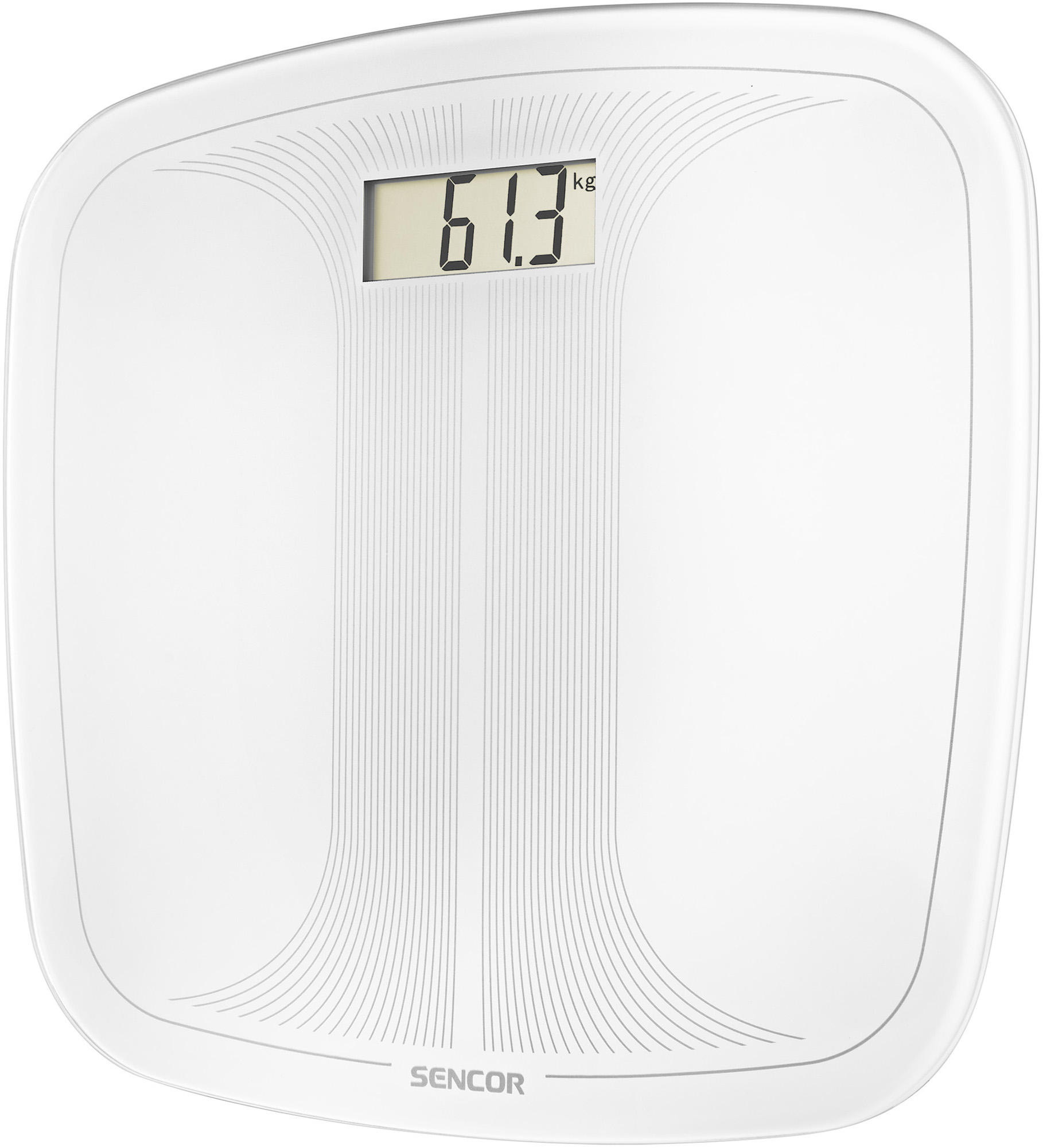 Fehér fürdőszobai mérleg digitális kijelzővel, amely 61,3 kg-ot mutat. Alatta a SENCOR márka.