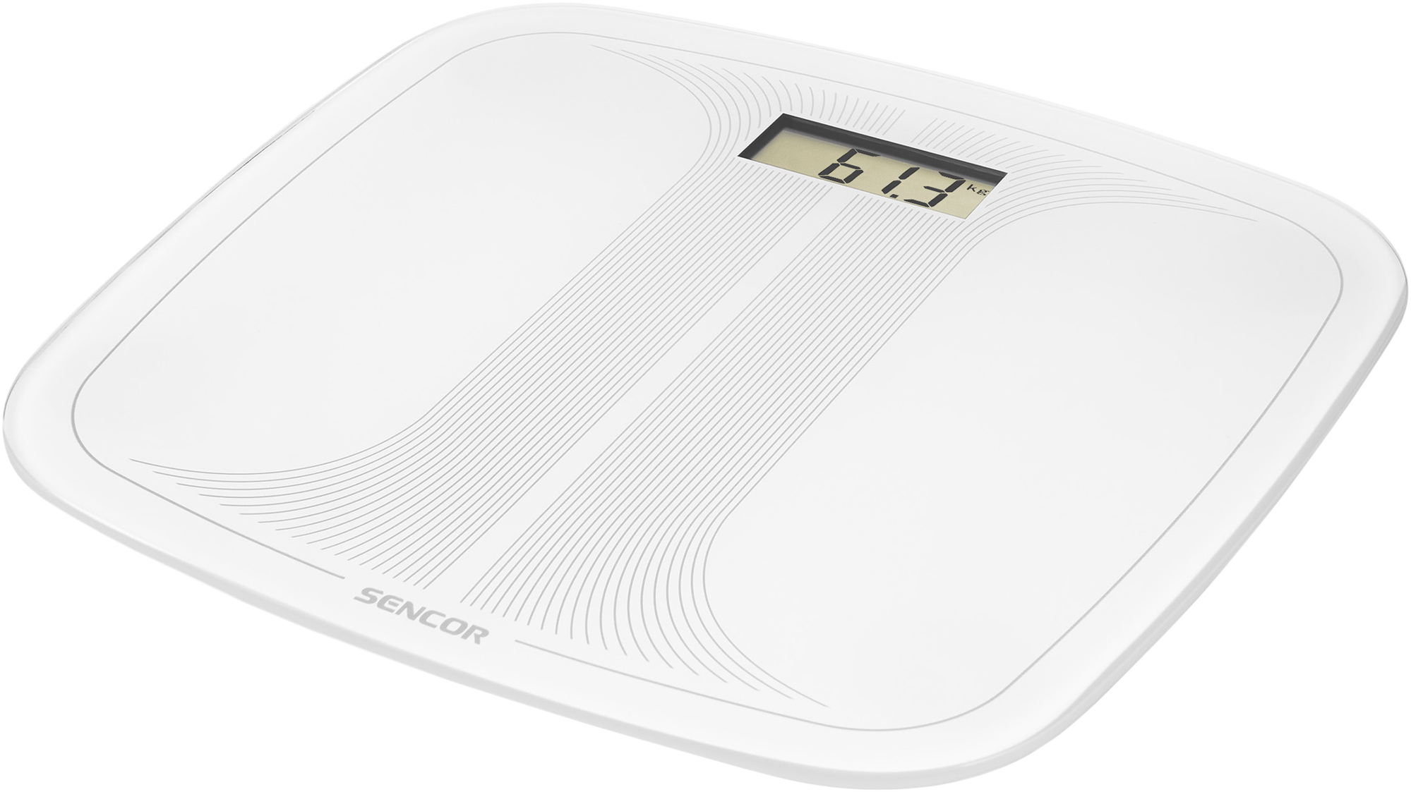 Fehér digitális fürdőszobamérleg. A kijelző 61,3 kg-ot mutat.
