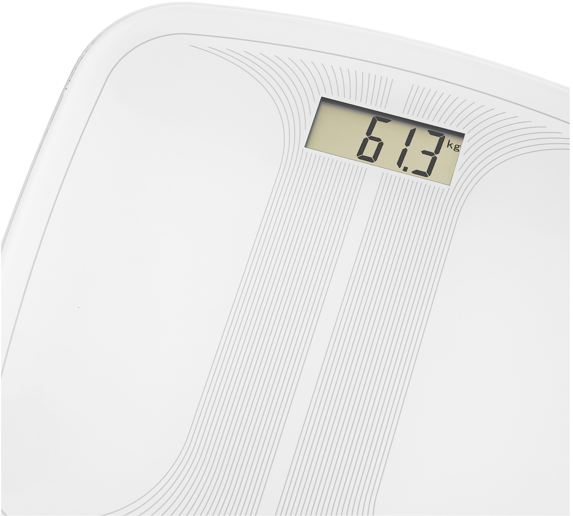 Fehér mérleg 61,3 kg-ot mutat, közeli kép.