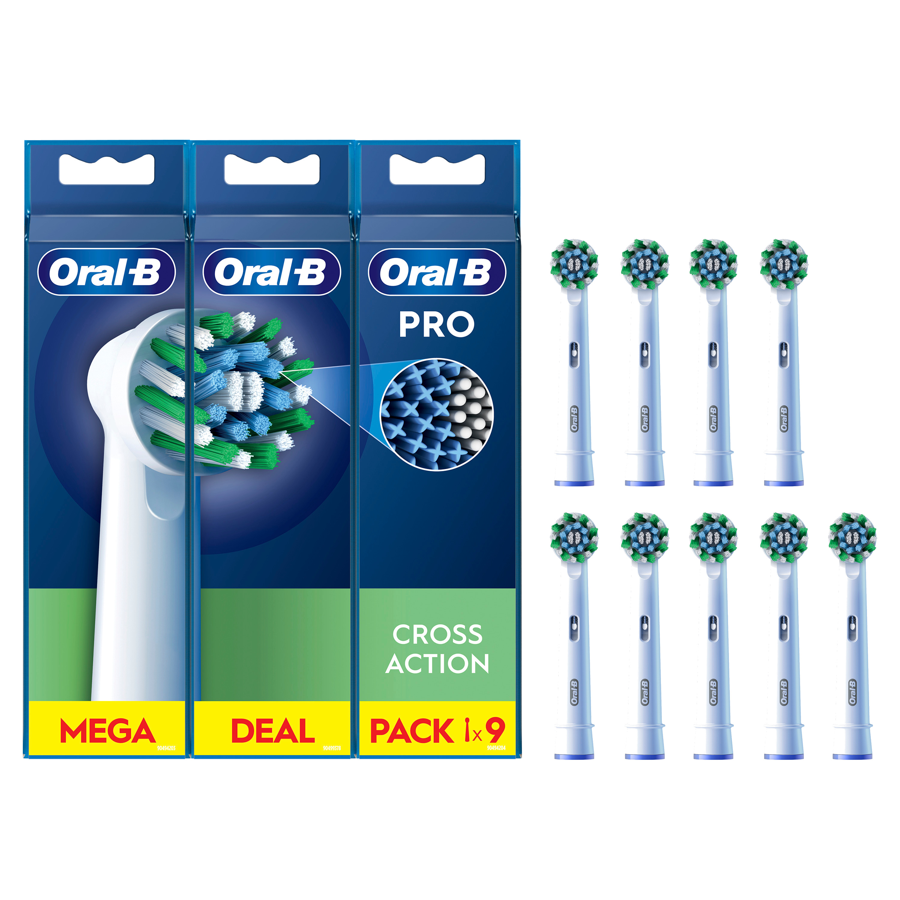 Oral-B Pro Cross Action diş fırçası başlıkları paketi. 9 başlık ve 3 paket. Beyaz zemin.