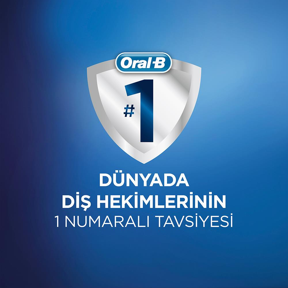 Oral-B logosu ve büyük bir 1 numarası ile kalkan şeklinde bir amblem, altında Türkçe metin.