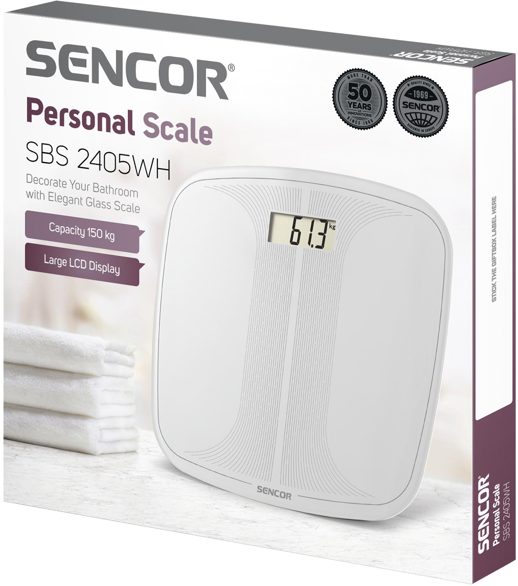 Fehér személyi mérleg digitális kijelzővel, 'SENCOR' márkával.