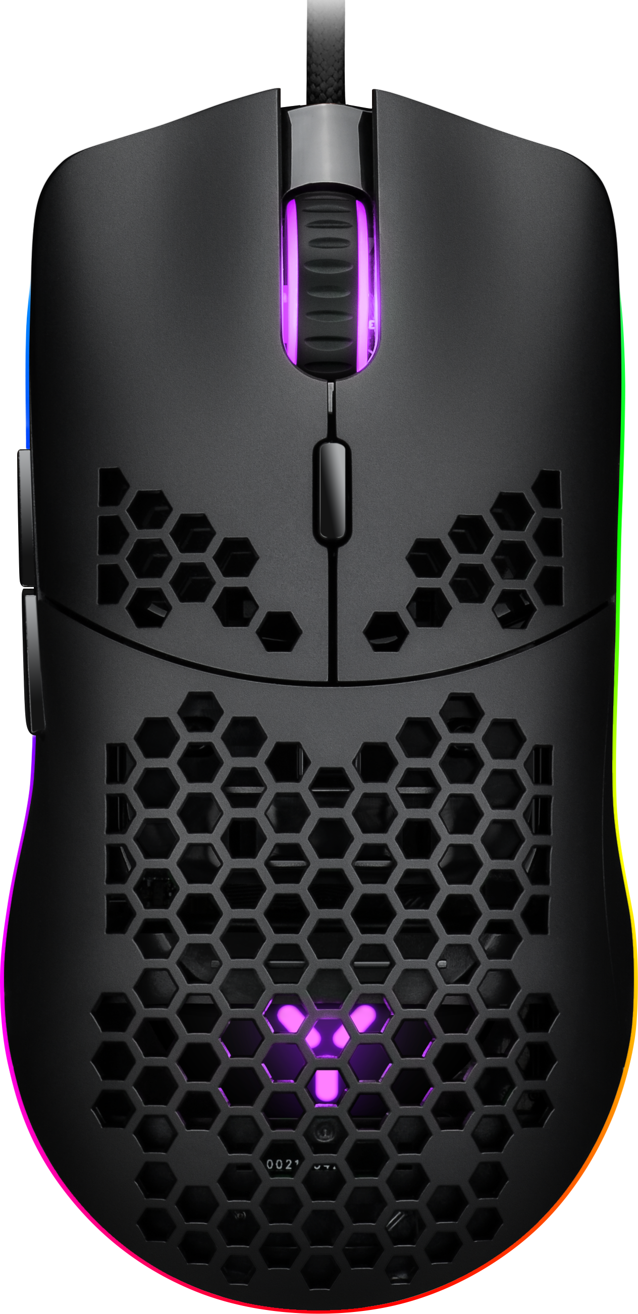 Souris de jeu noire avec design en nid d'abeille, éclairage RVB et un logo violet.