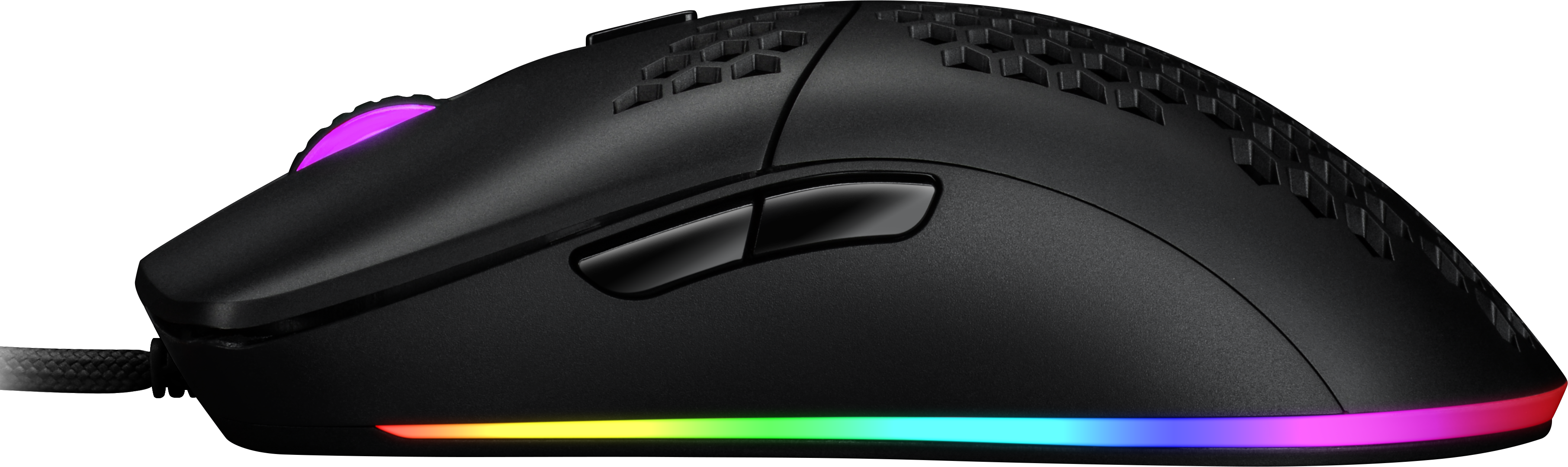 Une souris de jeu noire avec une bande lumineuse colorée le long du bord inférieur. Noir.