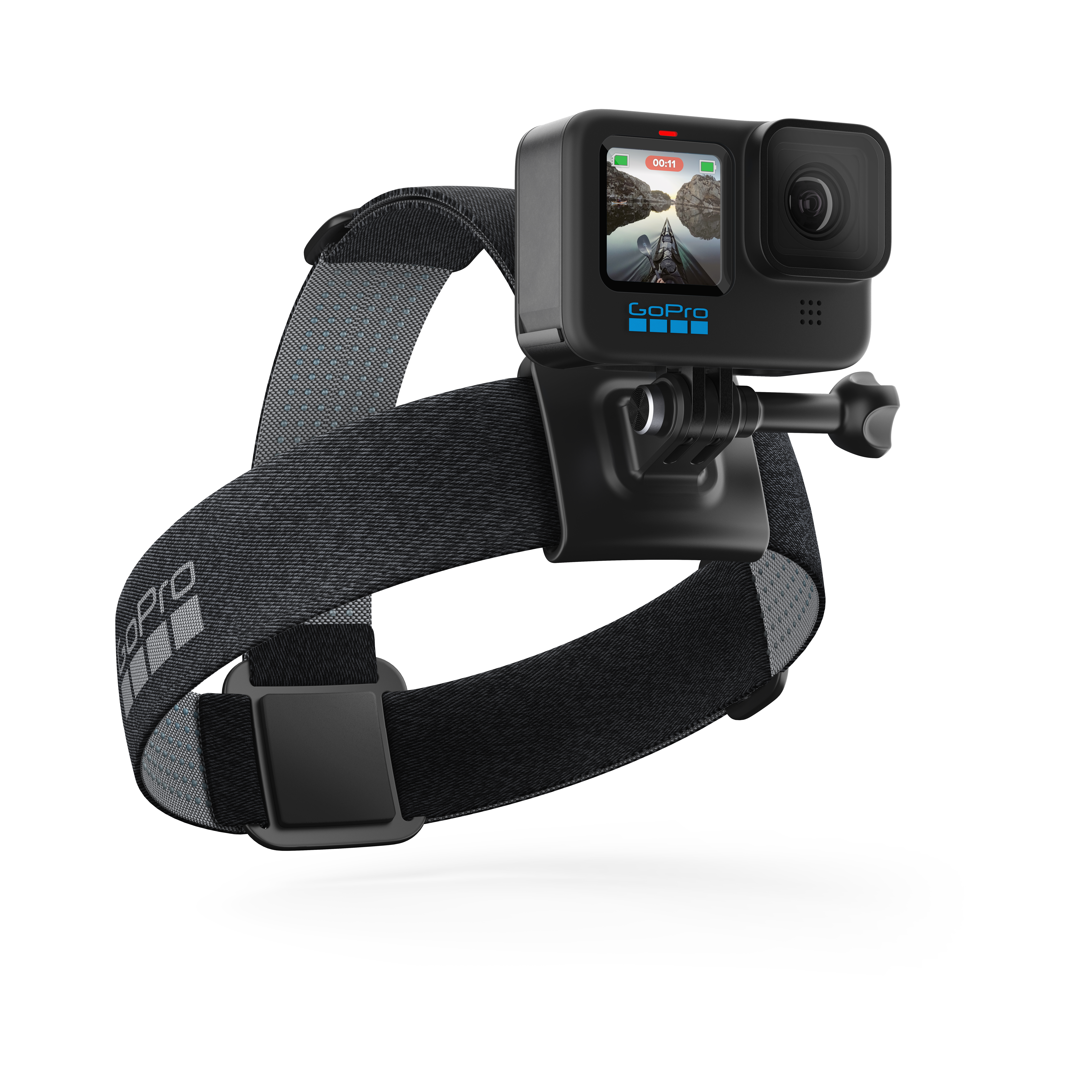 GoPro-Kamera auf einem Kopfband montiert. Die Kamera zeigt einen Videobildschirm.