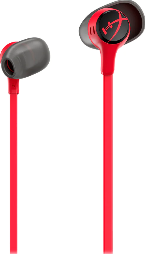Écouteurs intra-auriculaires rouges et gris avec un câble rouge. Les écouteurs ont le logo HyperX.
