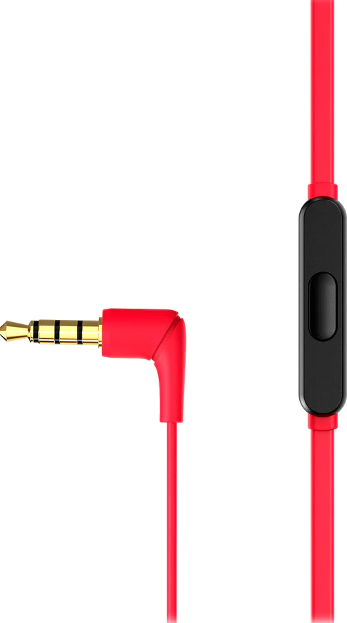 Un câble audio rouge avec une prise jack et une télécommande.