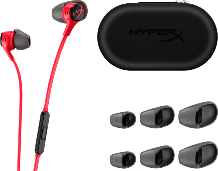 Écouteurs intra-auriculaires rouges et noirs, un étui de transport noir et des embouts supplémentaires.