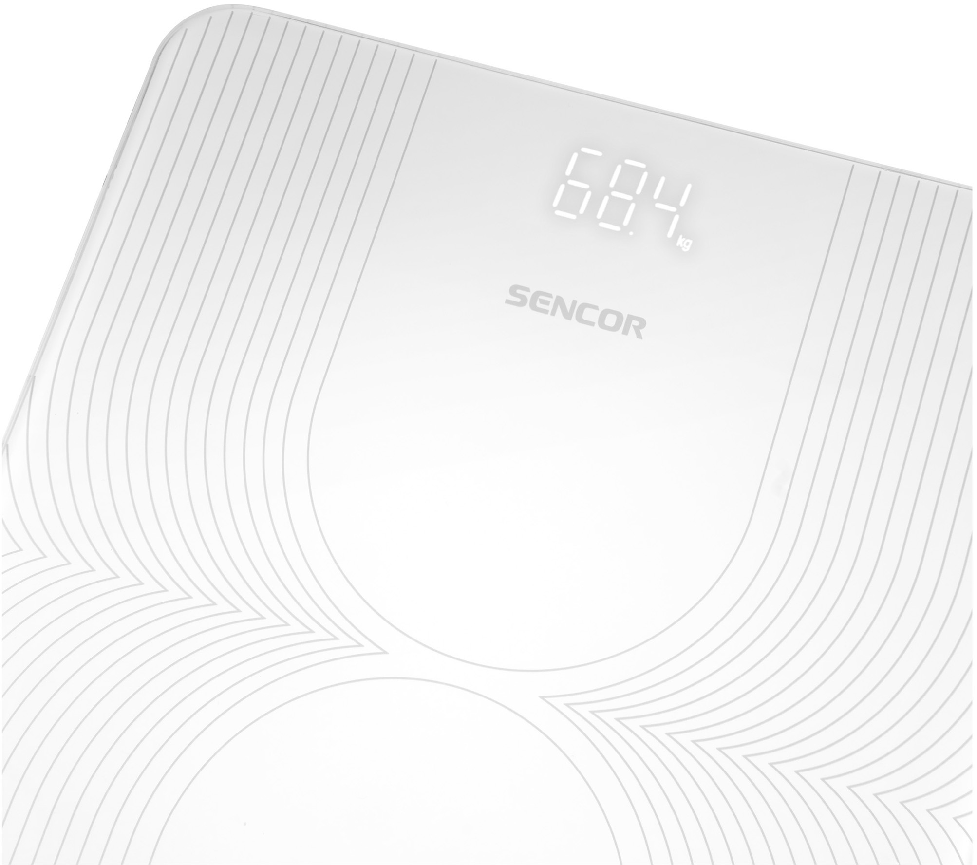 Egy fehér digitális mérleg, amely a felületén 68,4 kg-os súlyt mutat.