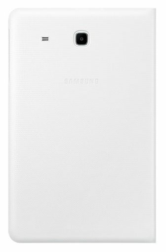 Biały tablet Samsung, widok z tyłu. Aparat i głośnik u góry. Logo Samsung.