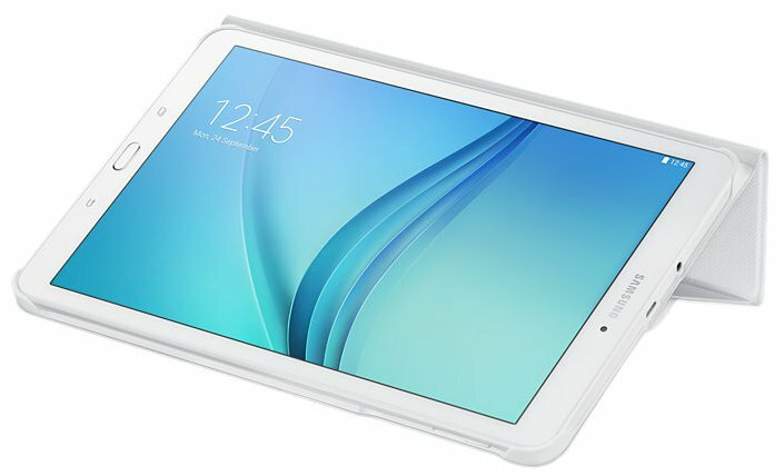 Biały tablet z niebieskim ekranem i etui. Godzina to 12:45. Ekran pokazuje niebieskie i białe tło.