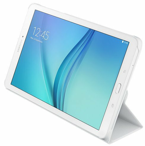 Biały tablet z ekranem wyświetlającym niebiesko-białe tło w etui z podstawką.