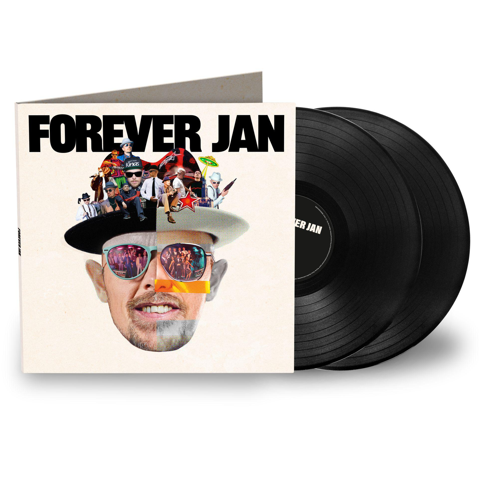 Albumcover für 'Forever Jan'. Zeigt ein Gesicht mit einer Collage und zwei schwarzen Vinyl-Schallplatten.