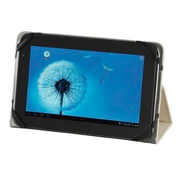 Tablet w etui, z obrazem dmuchawca na ekranie.