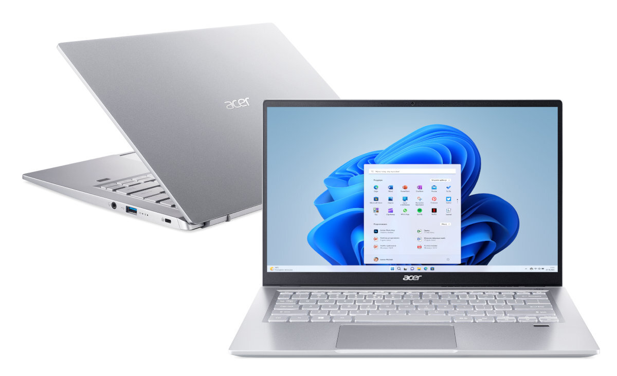 Srebrny laptop i jego tył, a także otwarty laptop z interfejsem Windows.