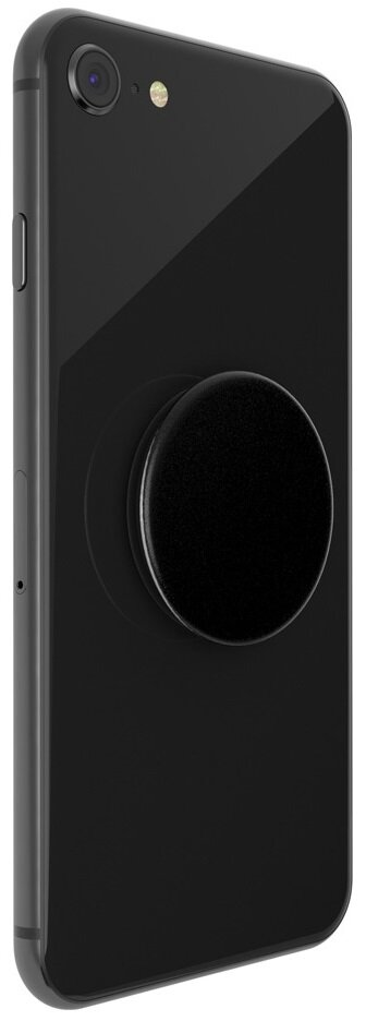 Czarny telefon z czarnym PopSocket. Telefon ma aparat w lewym górnym rogu z tyłu.