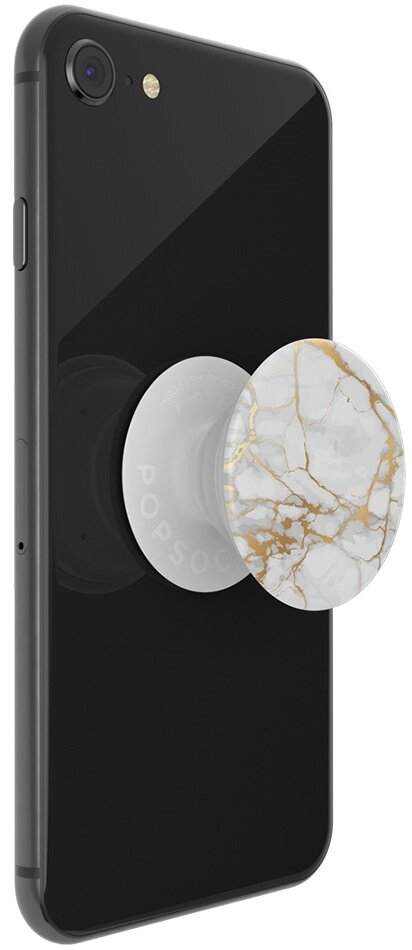 Czarny telefon z białym i złotym PopSocket. PopSocket ma marmurowy wzór.