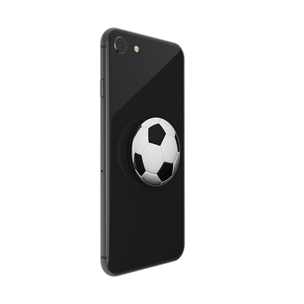 Czarny smartfon z pop-socketem w kształcie piłki nożnej przymocowanym do tyłu.