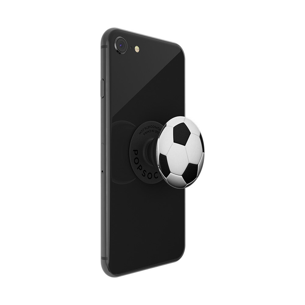 Czarny smartfon z dołączonym uchwytem PopSocket w kształcie piłki nożnej.