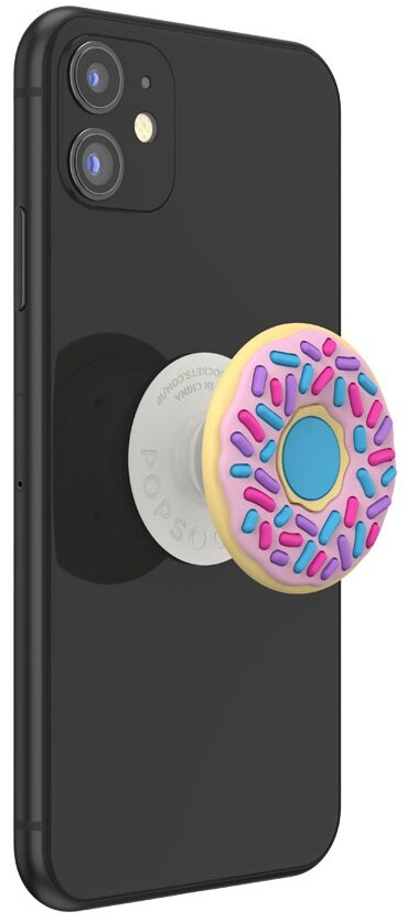 Czarny telefon z uchwytem PopSocket w kształcie pączka. Pączek ma różowy lukier.