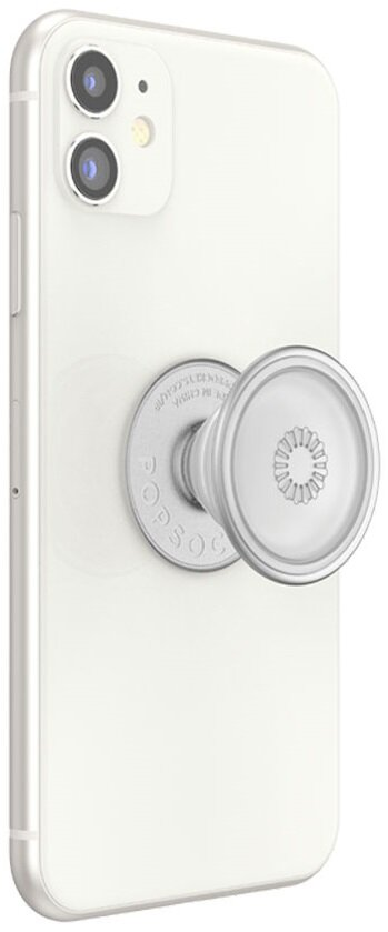 Biały iPhone ze srebrnym Popsocketem z tyłu.