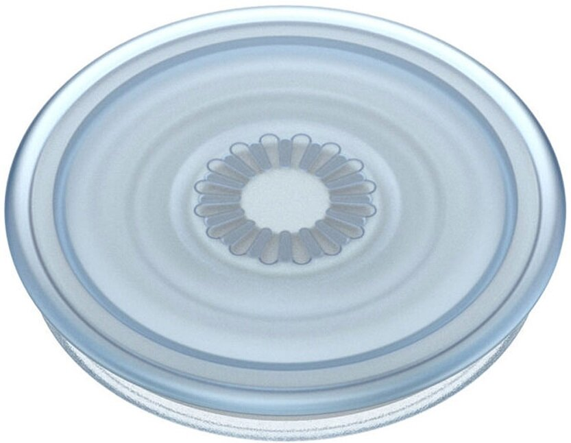 Przezroczysta, okrągła pokrywka z kwiatowym wzorem pośrodku, otoczona okrągłym rowkiem.
