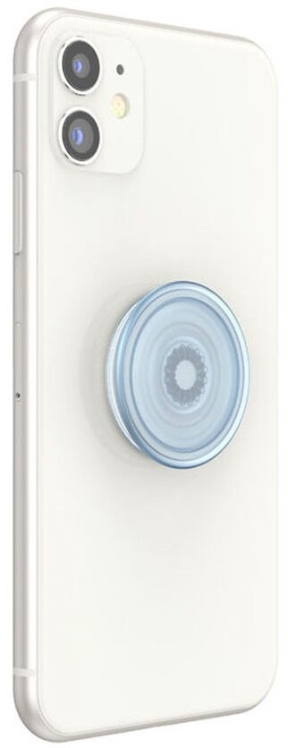 Biały telefon z jasnoniebieskim PopSocketem przymocowanym z tyłu. Widoczne dwie kamery.