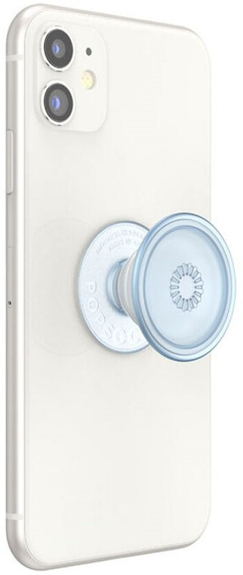Biały telefon z dołączonym PopSocket. PopSocket jest jasnoniebieski.