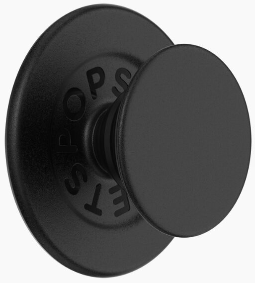 Czarny uchwyt PopSockets ze słowem "POPSOCKETS" na powierzchni. Tło jest białe.
