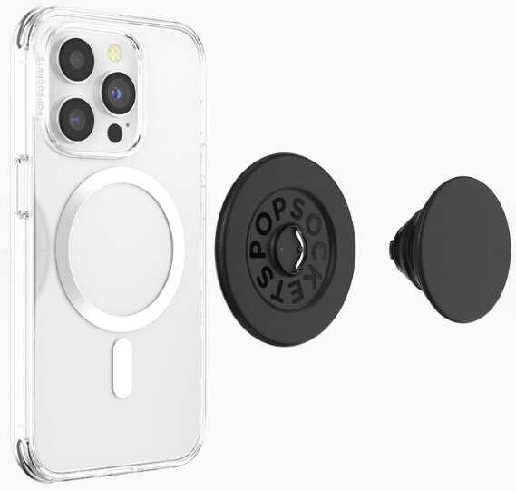 Przezroczyste etui na telefon z czarnym Popsocket i oddzielną podstawą Popsocket.