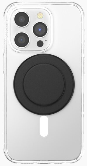 iPhone w przezroczystym etui z czarnym, okrągłym mocowaniem MagSafe. Białe tło.