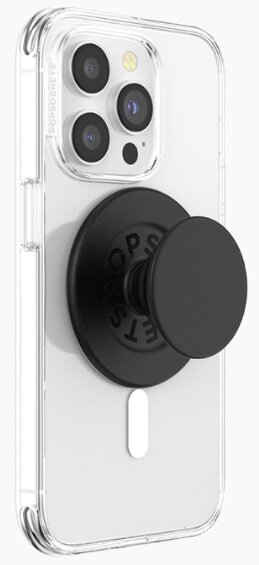 Przezroczyste etui na telefon z czarnym PopSocket. PopSocket jest okrągły z nazwą marki.