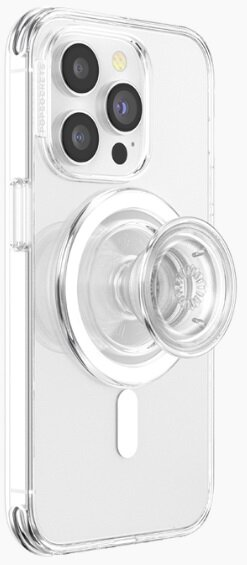 Przezroczyste etui na telefon z uchwytem PopSockets przymocowanym do iPhone'a.
