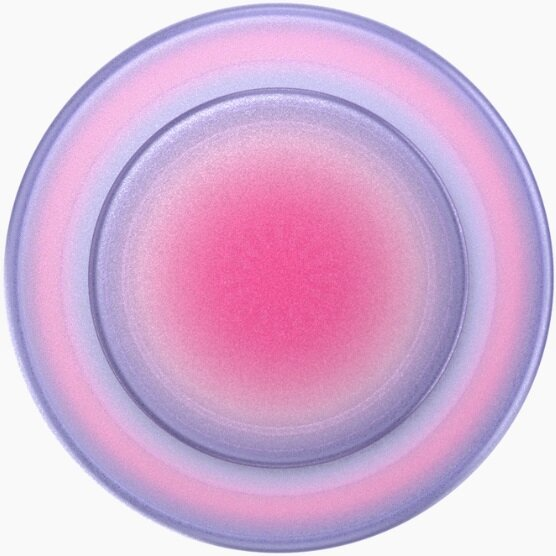 Okrągły pojemnik na balsam do ust z różowym środkiem otoczonym jaśniejszymi różowymi i fioletowymi pierścieniami.