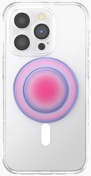 Przezroczyste etui na telefon z różowo-fioletowym uchwytem PopSockets z tyłu.