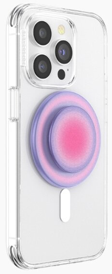 Przezroczyste etui na telefonie z wyskakującym uchwytem. Uchwyt to koło z różowymi i fioletowymi gradientami.
