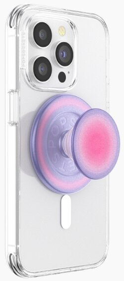 Przezroczyste etui na telefon z fioletowo-różowym PopSocketem przymocowanym do tyłu telefonu.