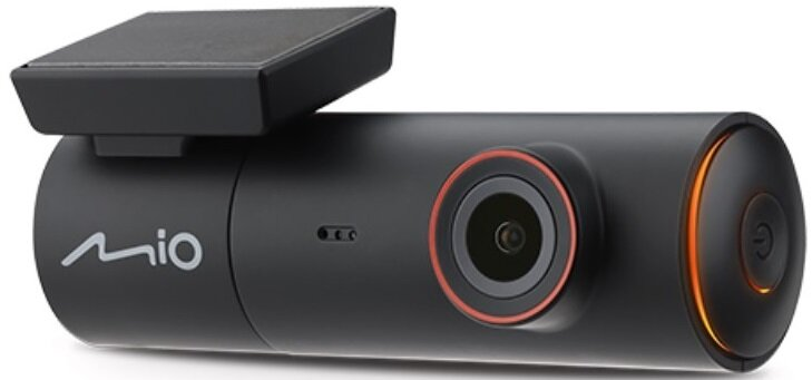 Czarna kamera samochodowa z panelem słonecznym i czerwonym pierścieniem wokół obiektywu.